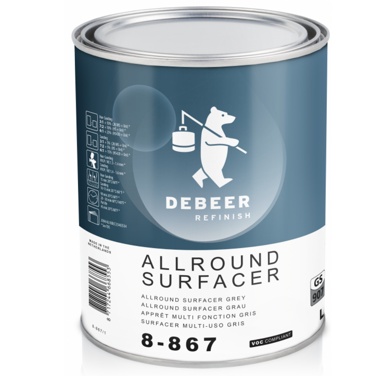 8-867 - Apprêt DEBEER Gris moyen polyvalent garnissant & Mouillé sur mouillé sans ponçage 3L - DEBEER
