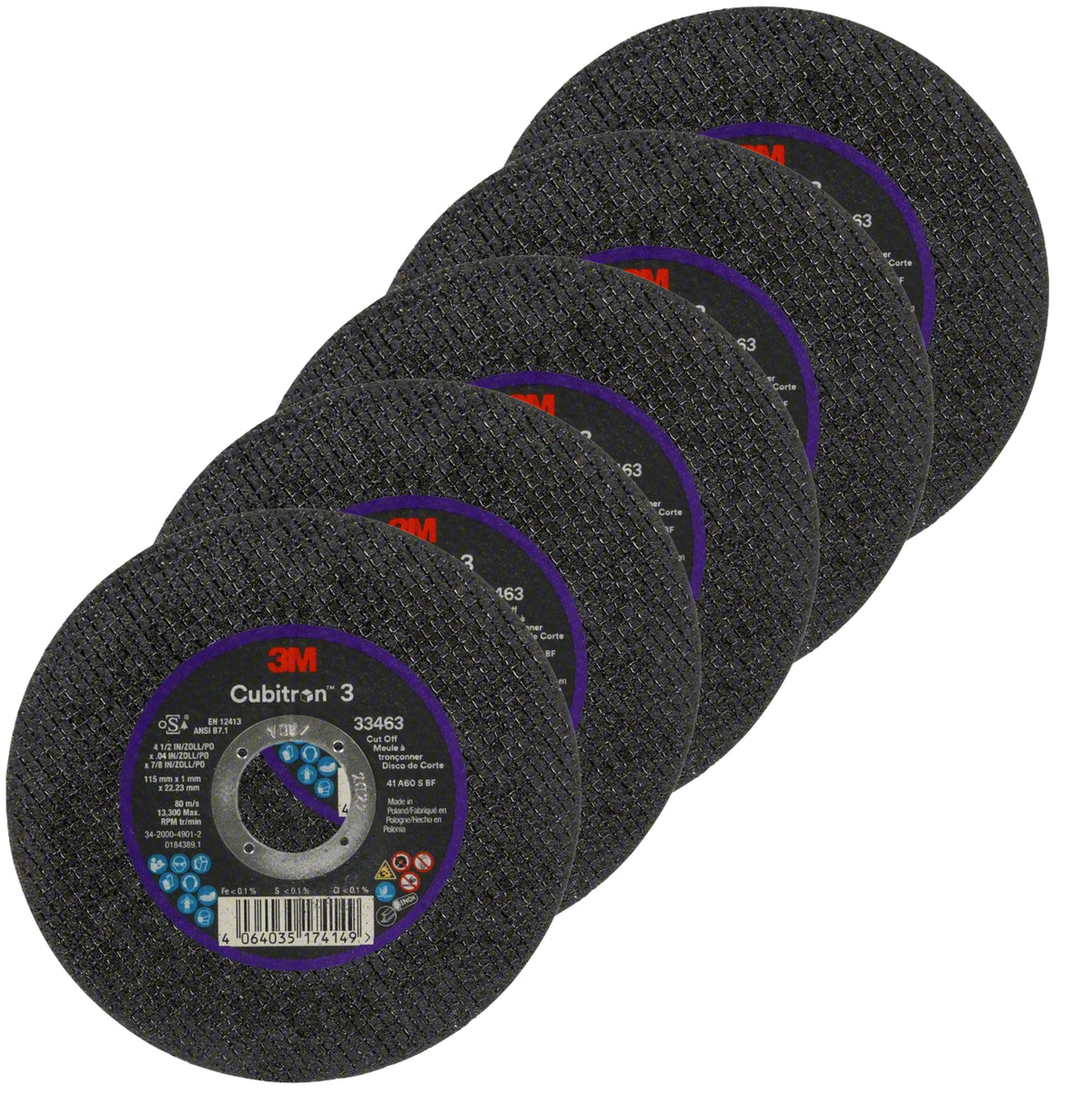 33463 - 5 roues à découper et à meuler 3M 115 x 1 x 22.23 mm