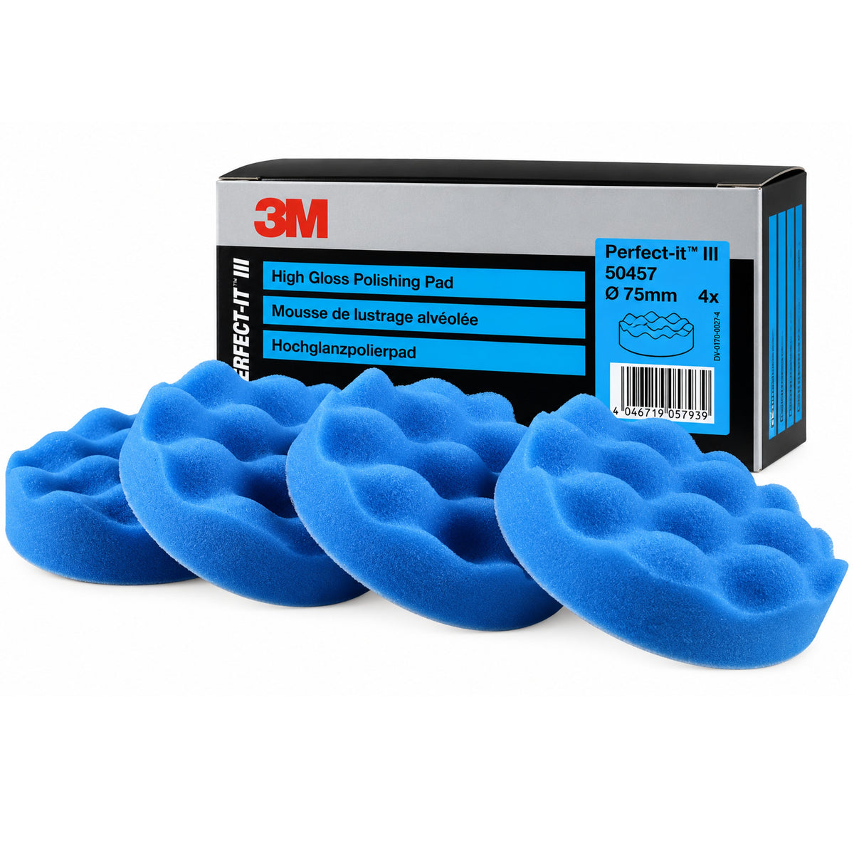 50457 - 4 mousses de lustrage alveolées 3M bleu diamètre 75 mm