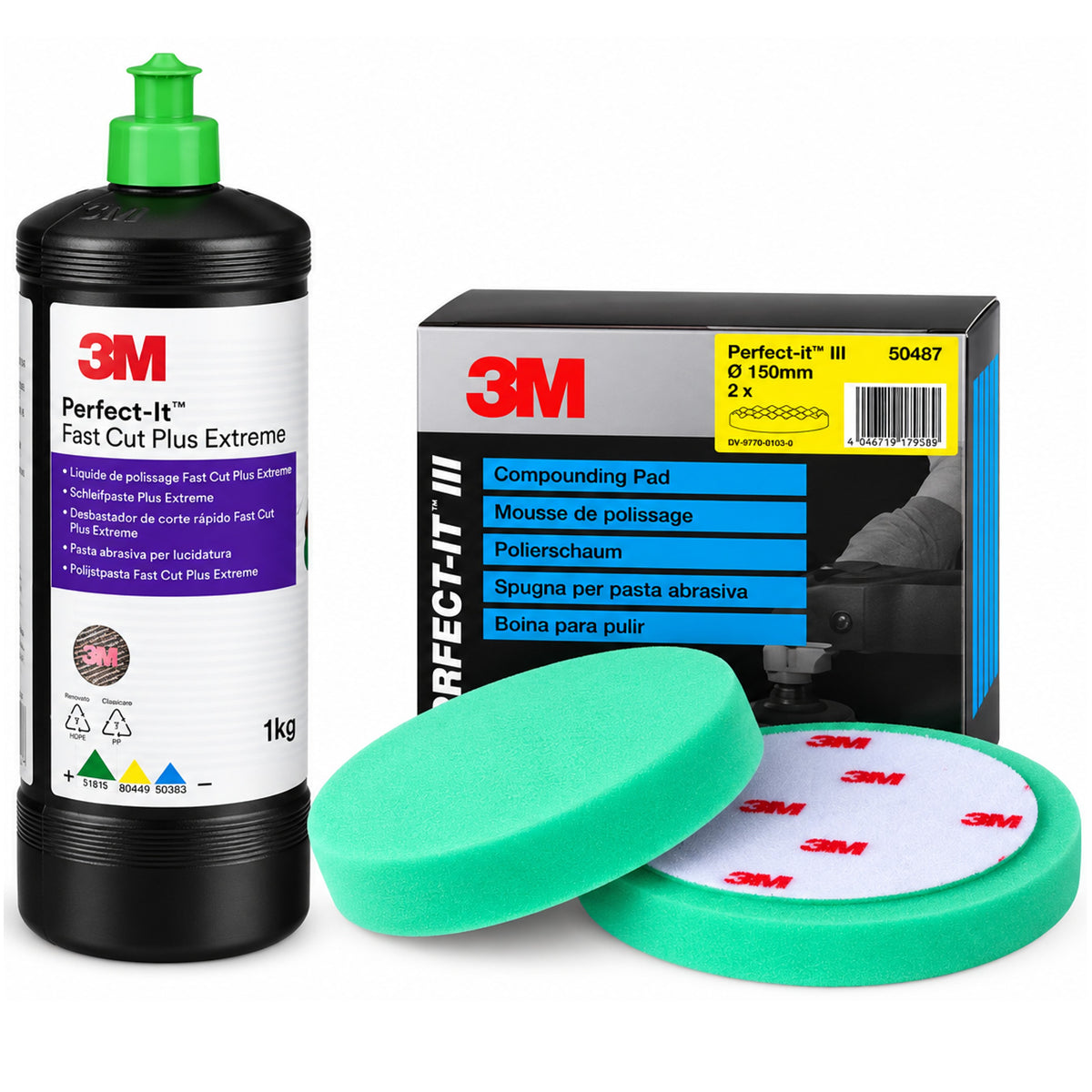 KIT_BOUCHON_VERT - Liquide lustrage 3M 51815 + 2 mousses polissage 50487 150mm