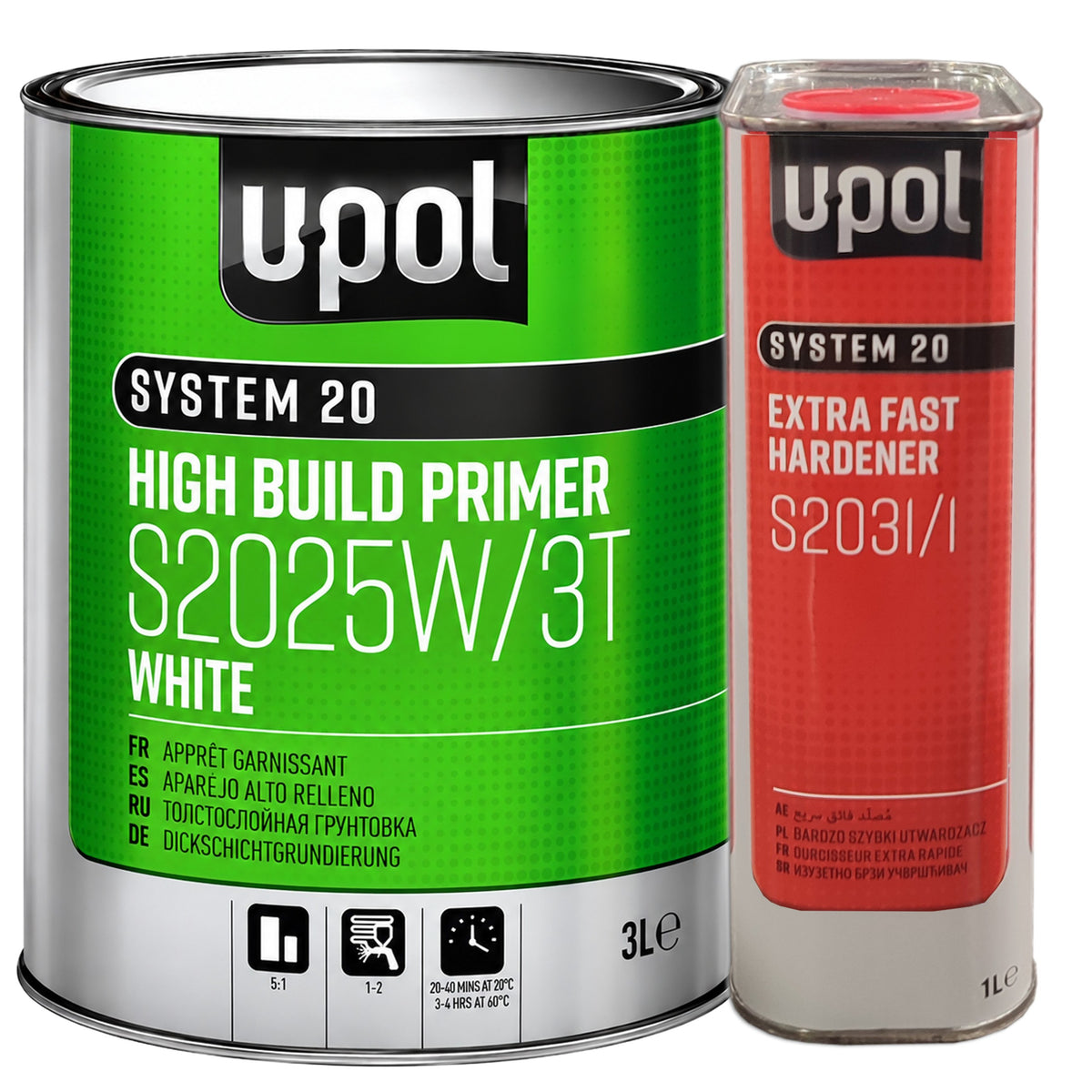 KIT_S2025_BLANC - 1 apprêt UPOL blanc S2025W/3T 3L + 1 durcisseur extra rapide S2031 1L